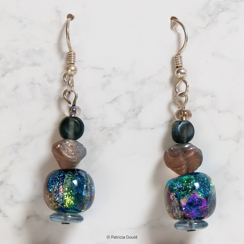 New - EA43 - Earrings - Dichroic glass beads, sterling  wires - one of a kind